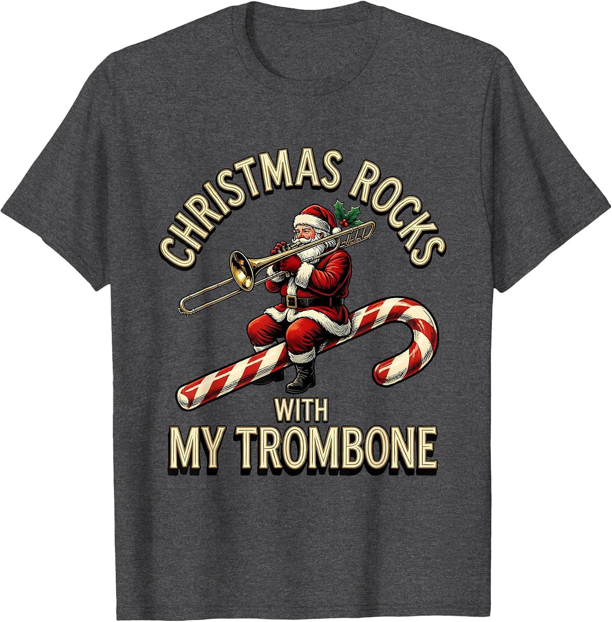 Christmas Rocks With My Trombone Funny Trombone Player T-Shirt - Dark Heather Grey