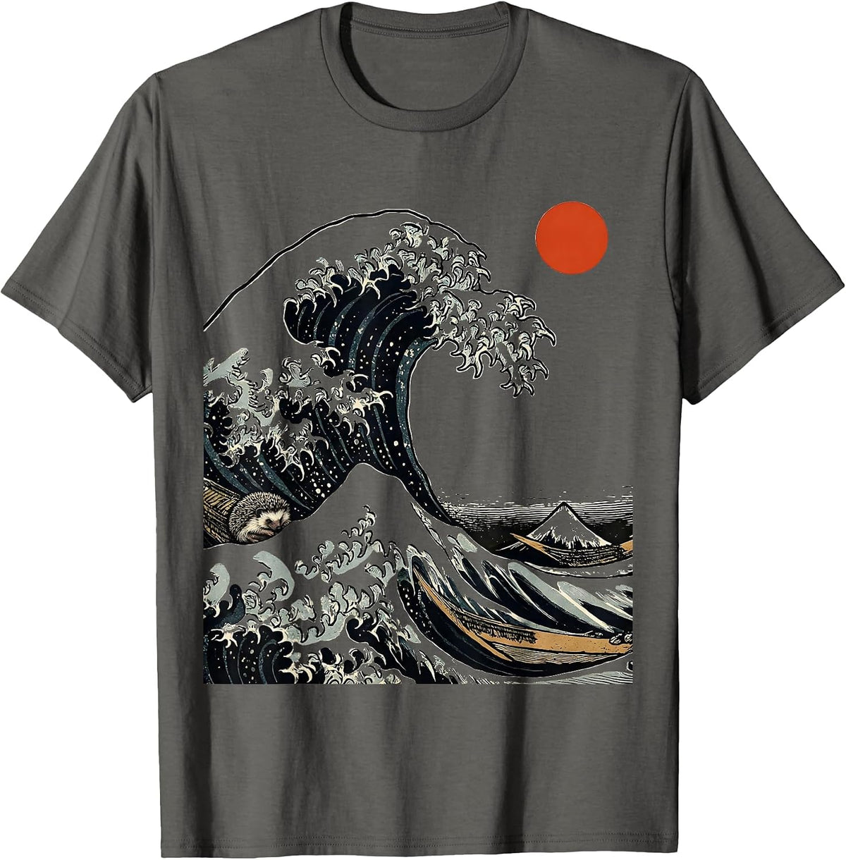 Curling Wave Hedgehog Woodcut Engraving Animal Art T-Shirt - Asphalt Grey