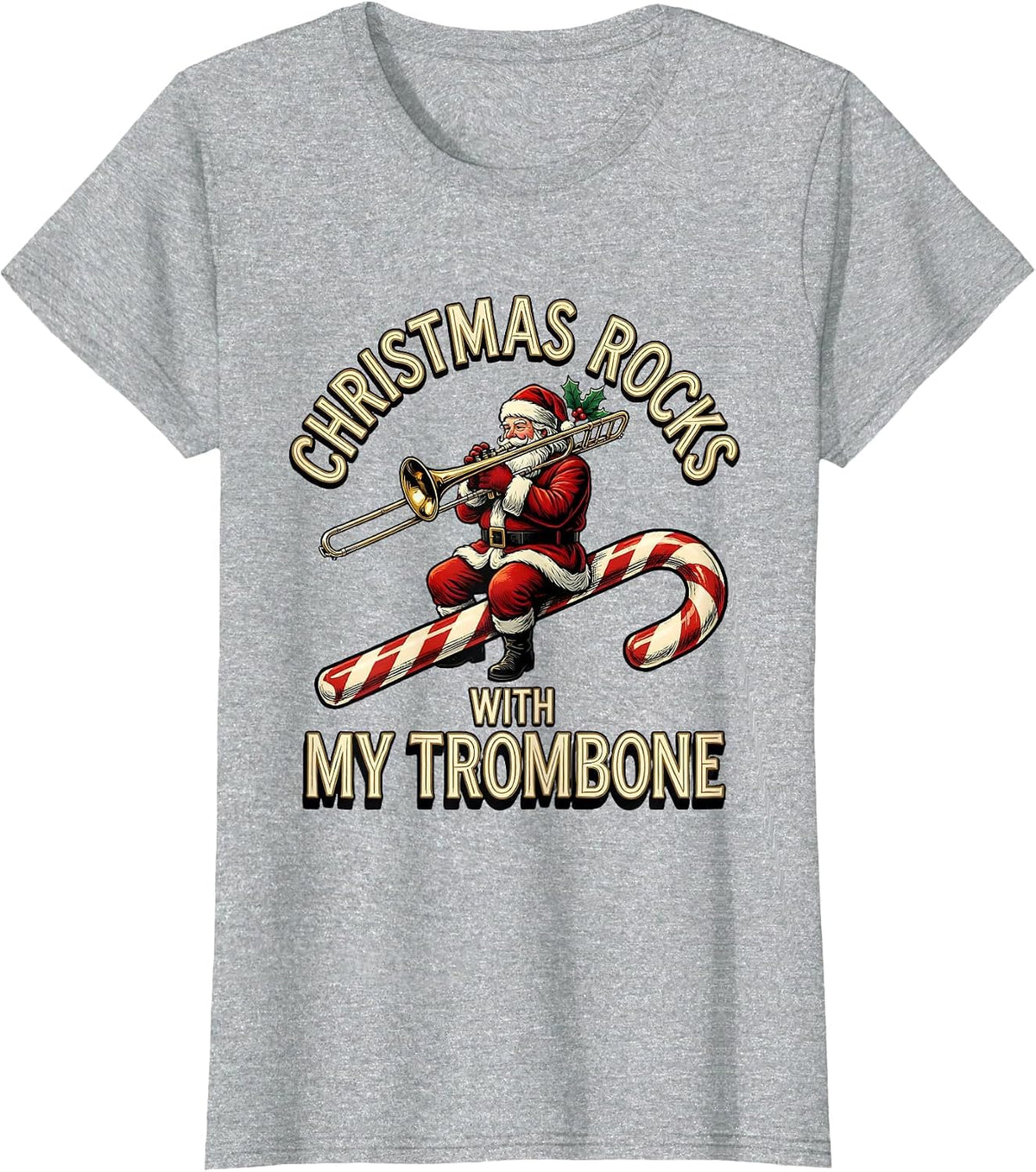 Christmas Rocks With My Trombone Funny Trombone Player T-Shirt - Heather Grey