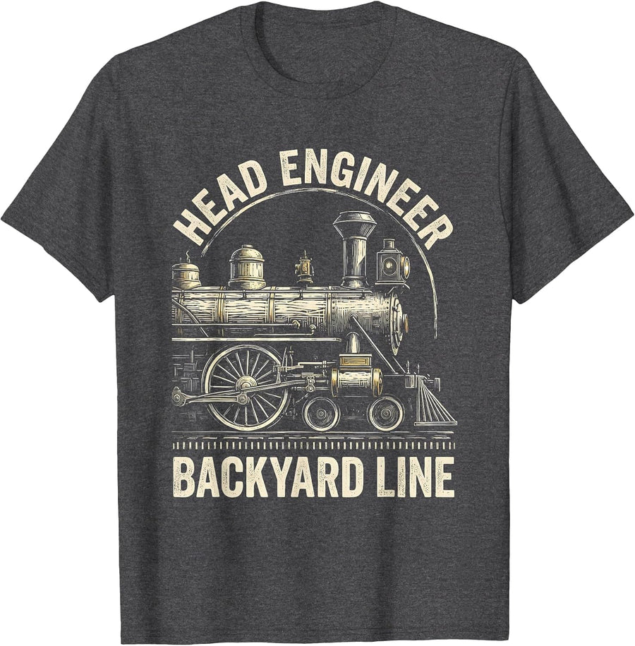 Men's Head Engineer Backyard Line Vintage Steam Train Enthusiast T-Shirt - Dark Heather Grey