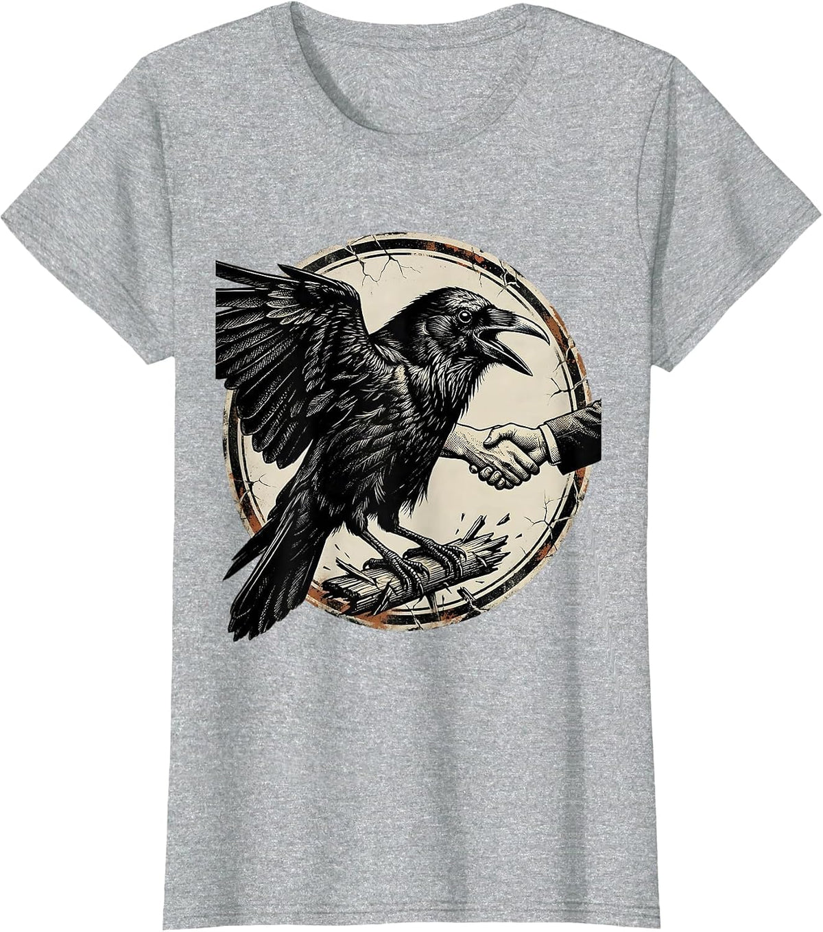 Women's Sealed Crow Badge Distressed Gothic Bird Lover T-Shirt - Heather Grey