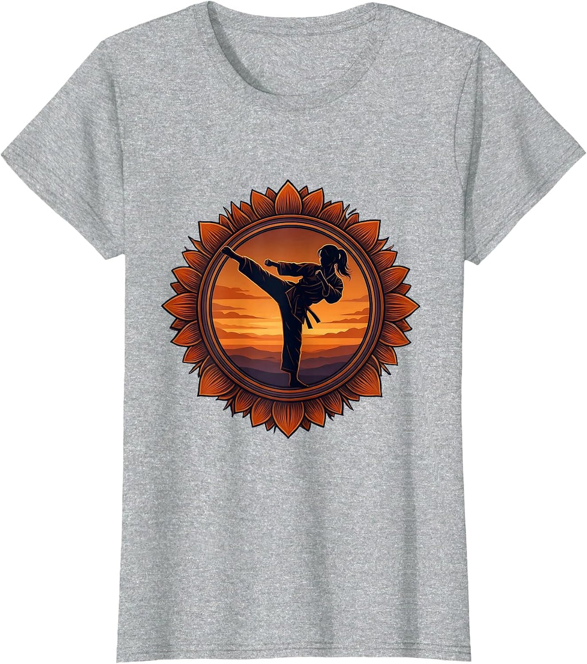 Karate Kick Silhouette Dusk Martial Arts Design T-Shirt - Heather Grey