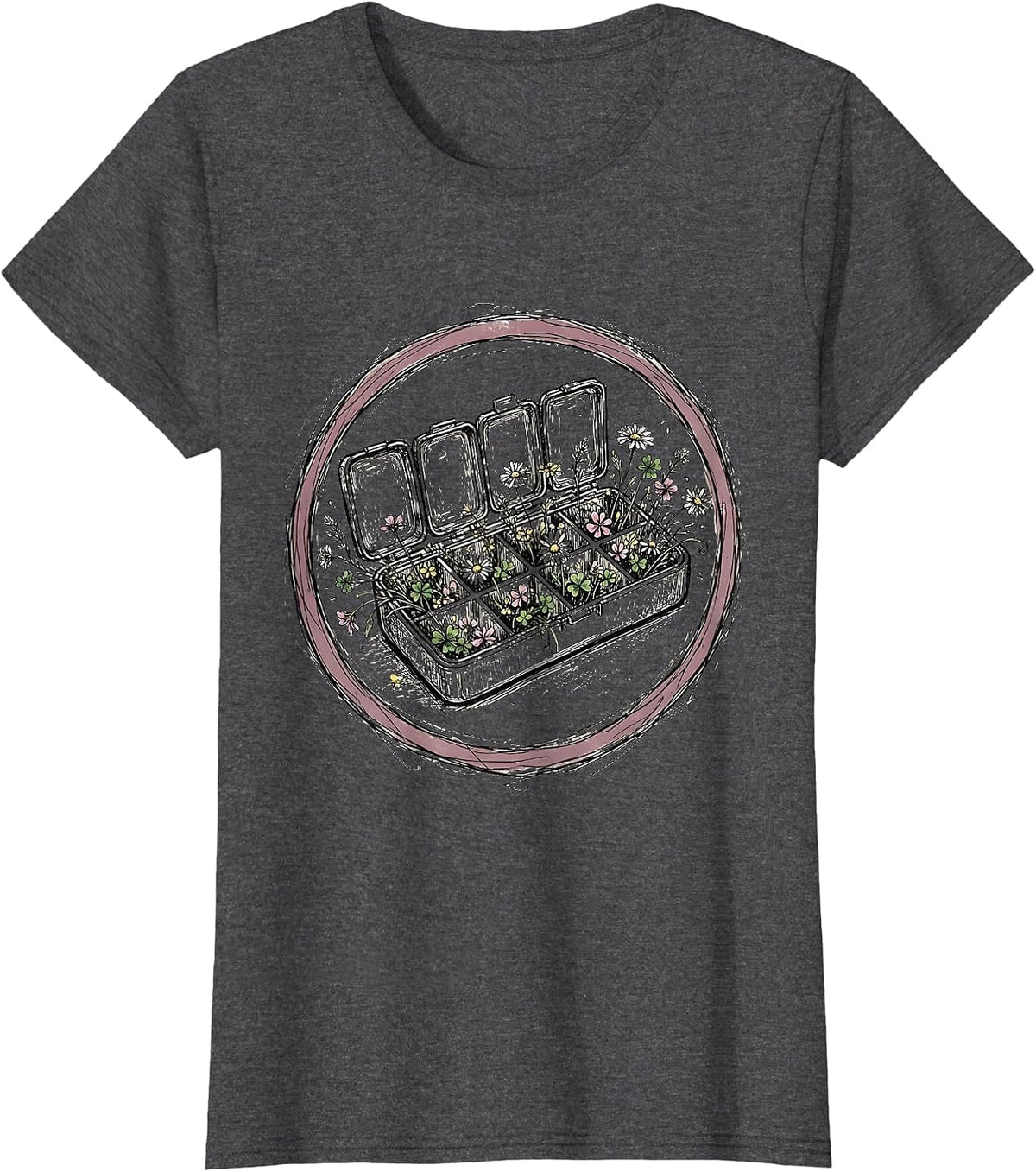 Women's Pill Organizer Overflowing With Flowers Graphic T-Shirt - Dark Heather Grey