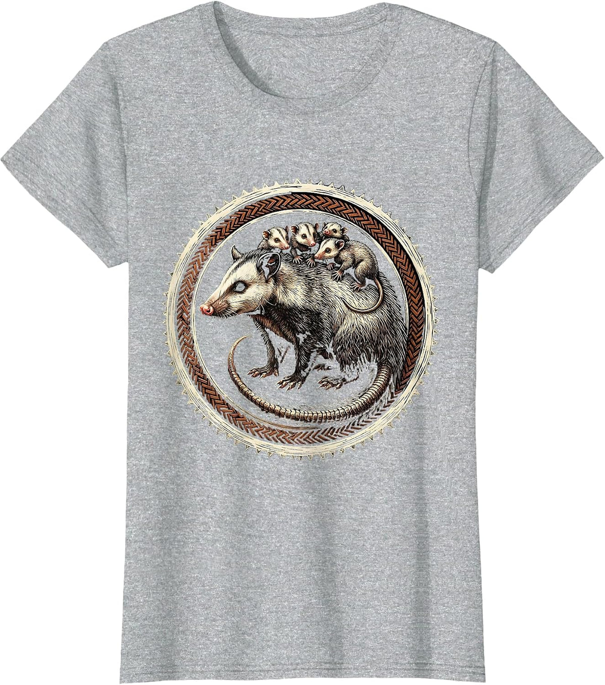 Opossum Mother and Babies Wildlife Illustration T-Shirt - Heather Grey