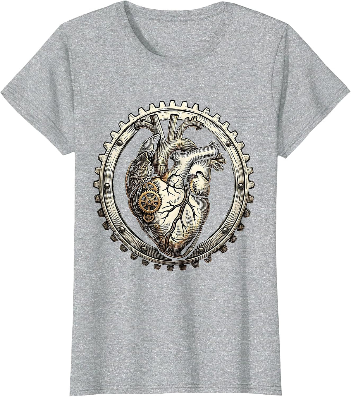 Steampunk Clockwork Heart Exposed Gears Design T-Shirt - Heather Grey