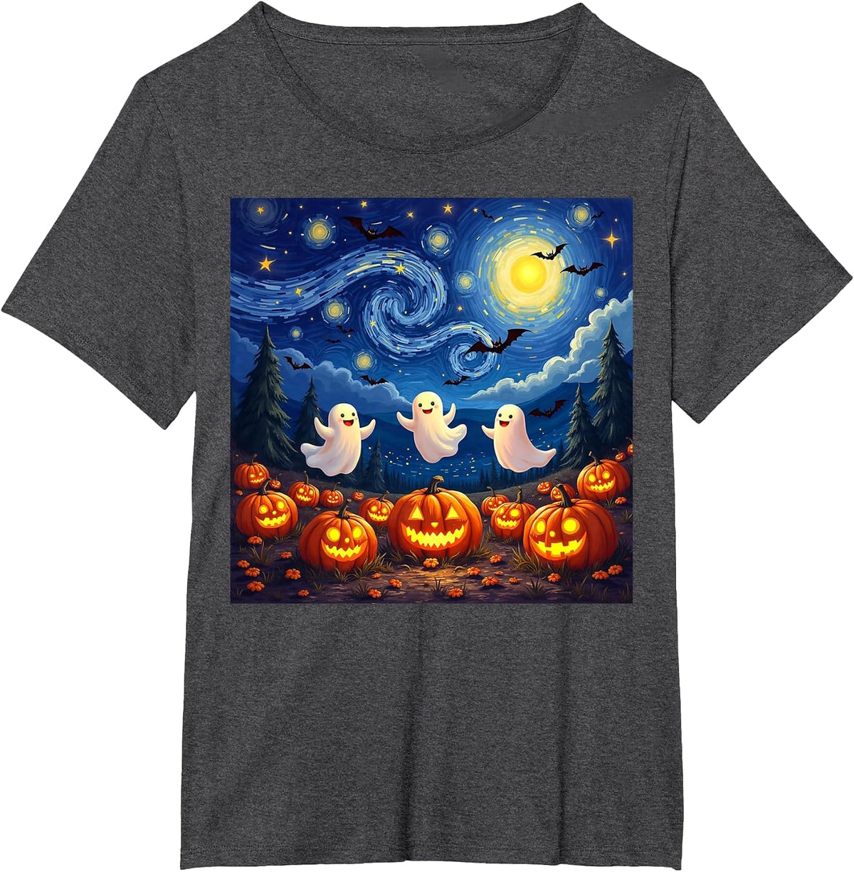 Boo Ghost Halloween Pumpkin Starry Night Van Gogh Men Women T-Shirt - Dark Heather Grey