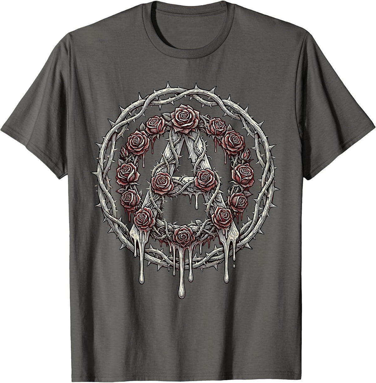Men's Dripping Rose Anarchy Symbol Punk Art Design T-Shirt - Asphalt Grey