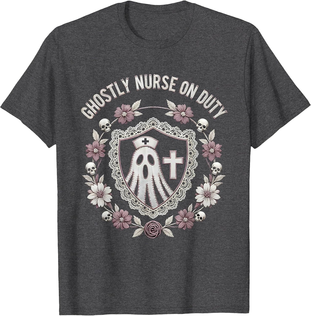 Ghostly Nurse On Duty Halloween LPN Design T-Shirt - Dark Heather Grey