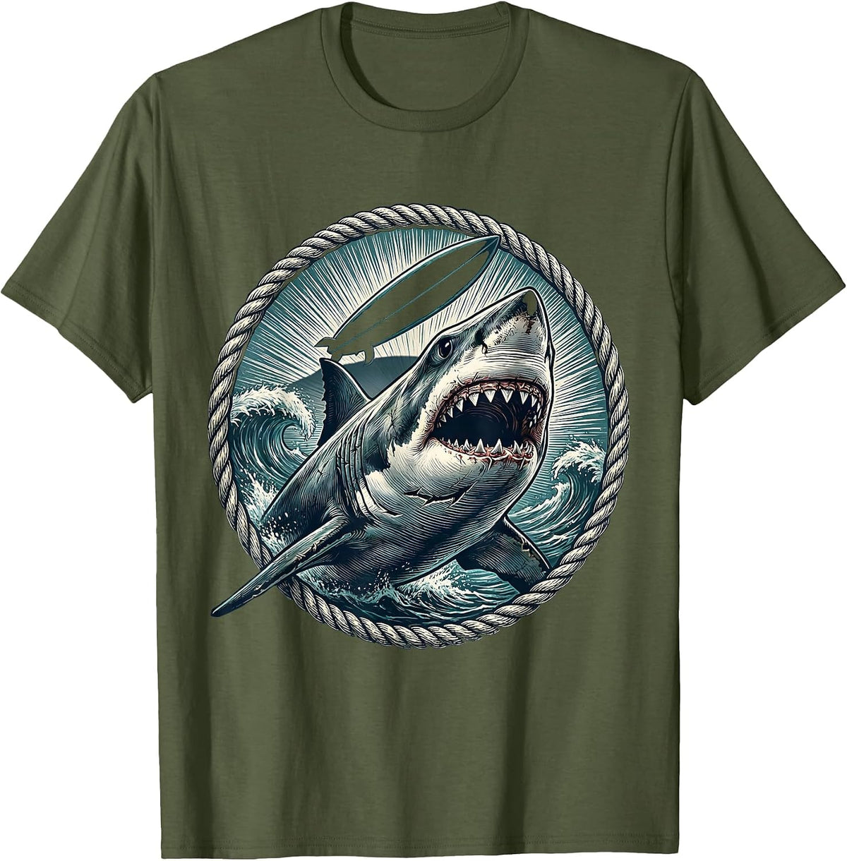 Great White Shark Surfboard Hawaiian Design T-Shirt - Olive Green