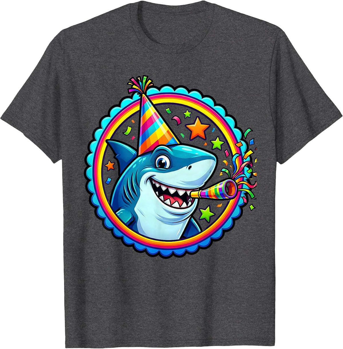 5th Birthday Shark Party Hat Noisemaker Design T-Shirt - Dark Heather Grey