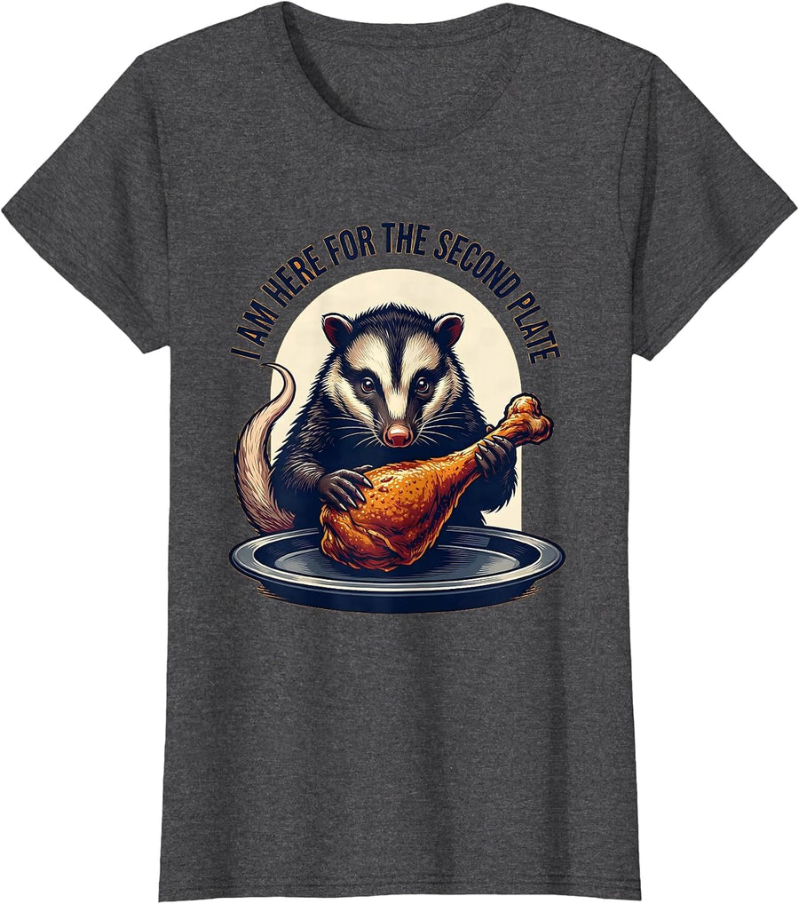 Women's I Am Here For The Second Plate Funny Opossum Thanksgiving T-Shirt - Dark Heather Grey