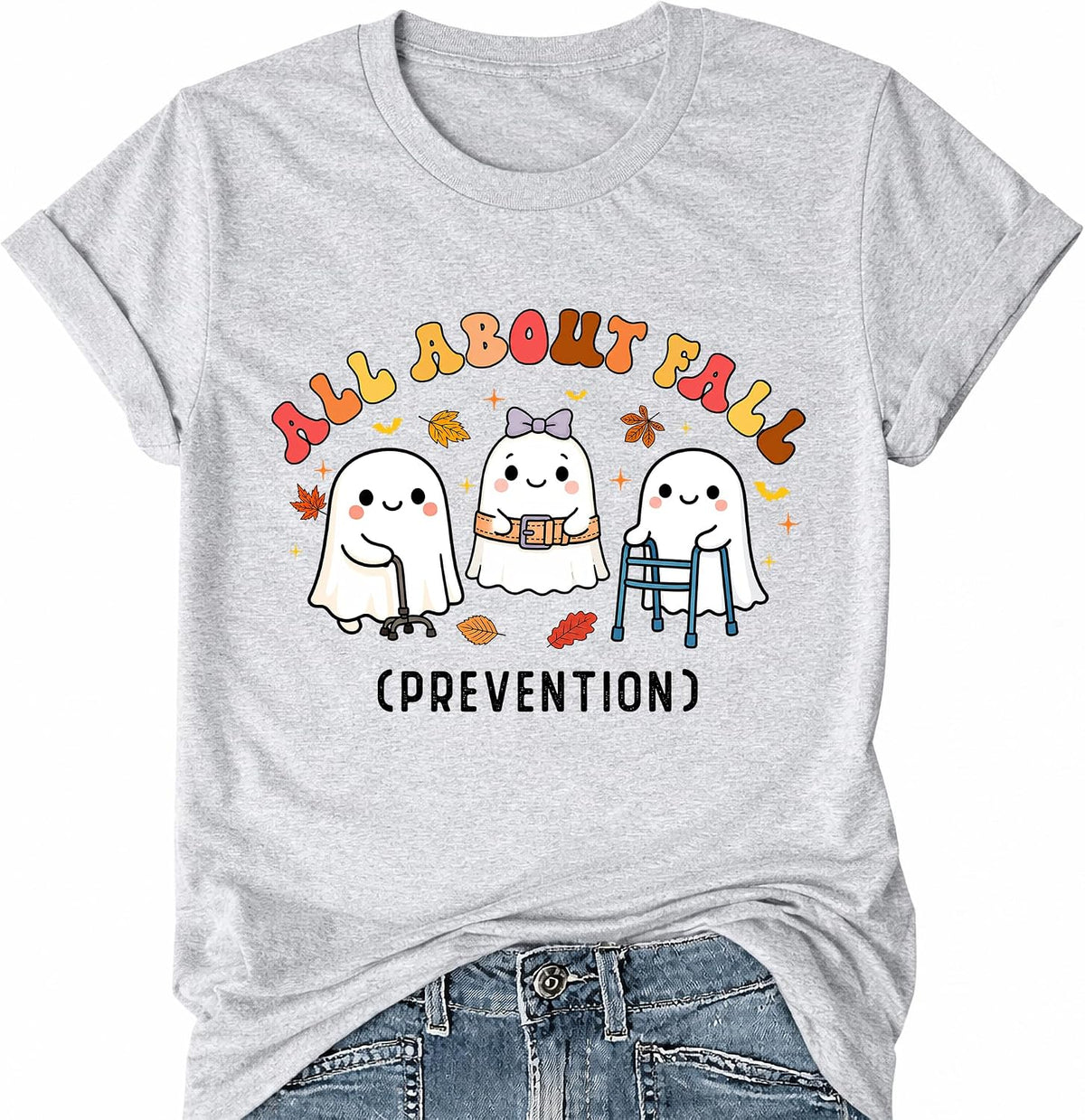 Nurse All About Fall Prevention Shirt Halloween Ghost Graphic T-Shirts - Grey Crewneck
