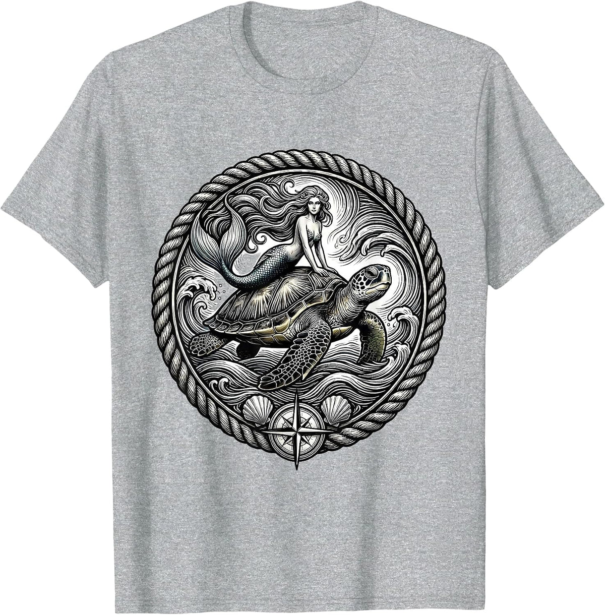 Men's Mermaid Riding Giant Sea Turtle Ocean Waves T-Shirt - Heather Grey