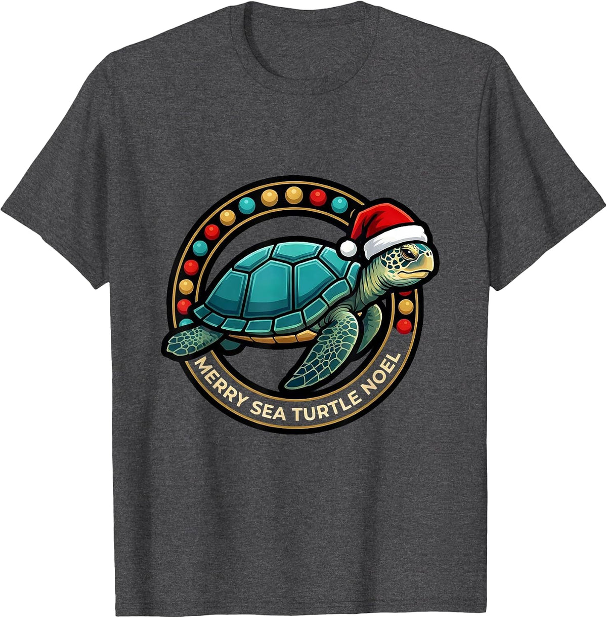 Men's Merry Sea Turtle Noel Cute Sea Turtle Christmas Santa Hat T-Shirt - Dark Heather Grey