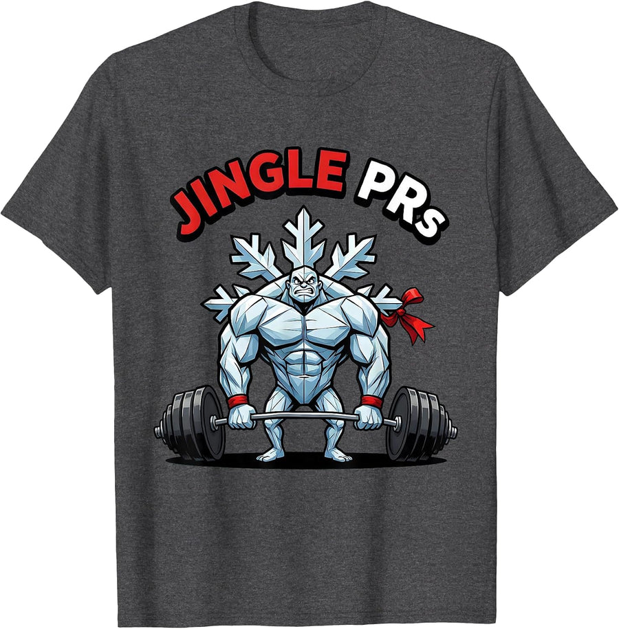 Men's Jingle PRs Funny Christmas Gym Workout Weightlifting Humor T-Shirt - Dark Heather Grey
