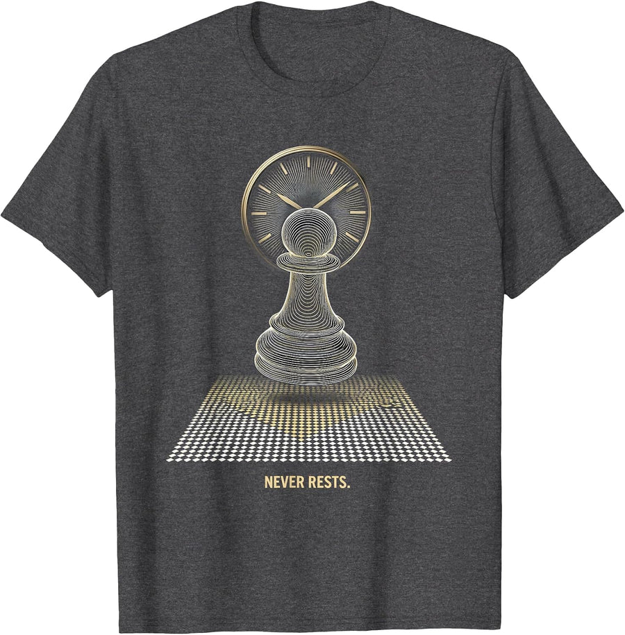Men's Never Rests Op Art Chess Player Witty Strategy Humor T-Shirt - Dark Heather Grey
