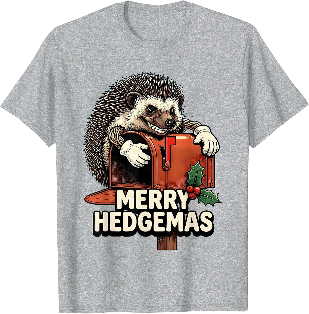 Men's Merry Hedgemas Retro Cartoon Hedgehog Christmas Humor T-Shirt - Heather Grey