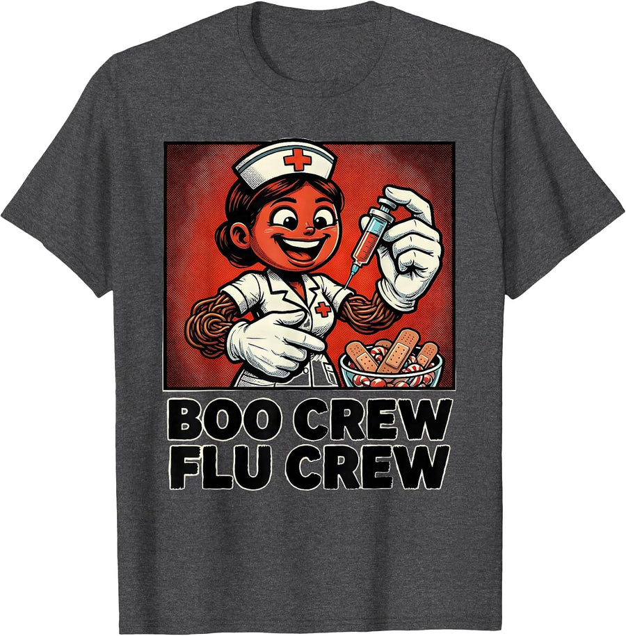 Men's Boo Crew Flu Crew Retro Cartoon Nurse Vaccine Humor T-Shirt - Dark Heather Grey