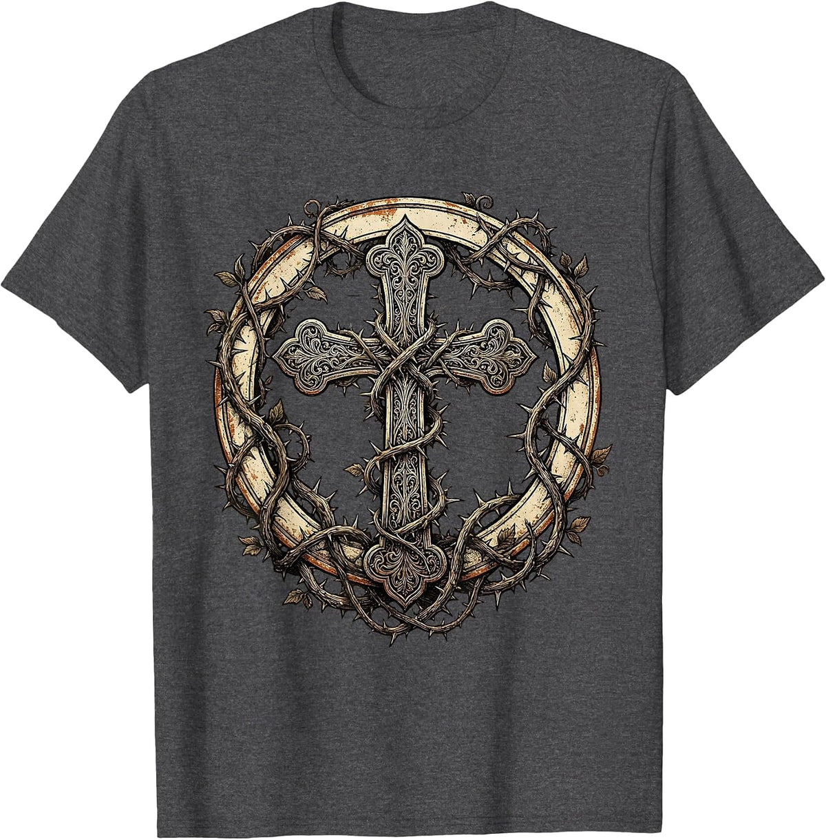 Men's Ornate Cross Wrapped in Thorned Vines Design T-Shirt - Dark Heather Grey