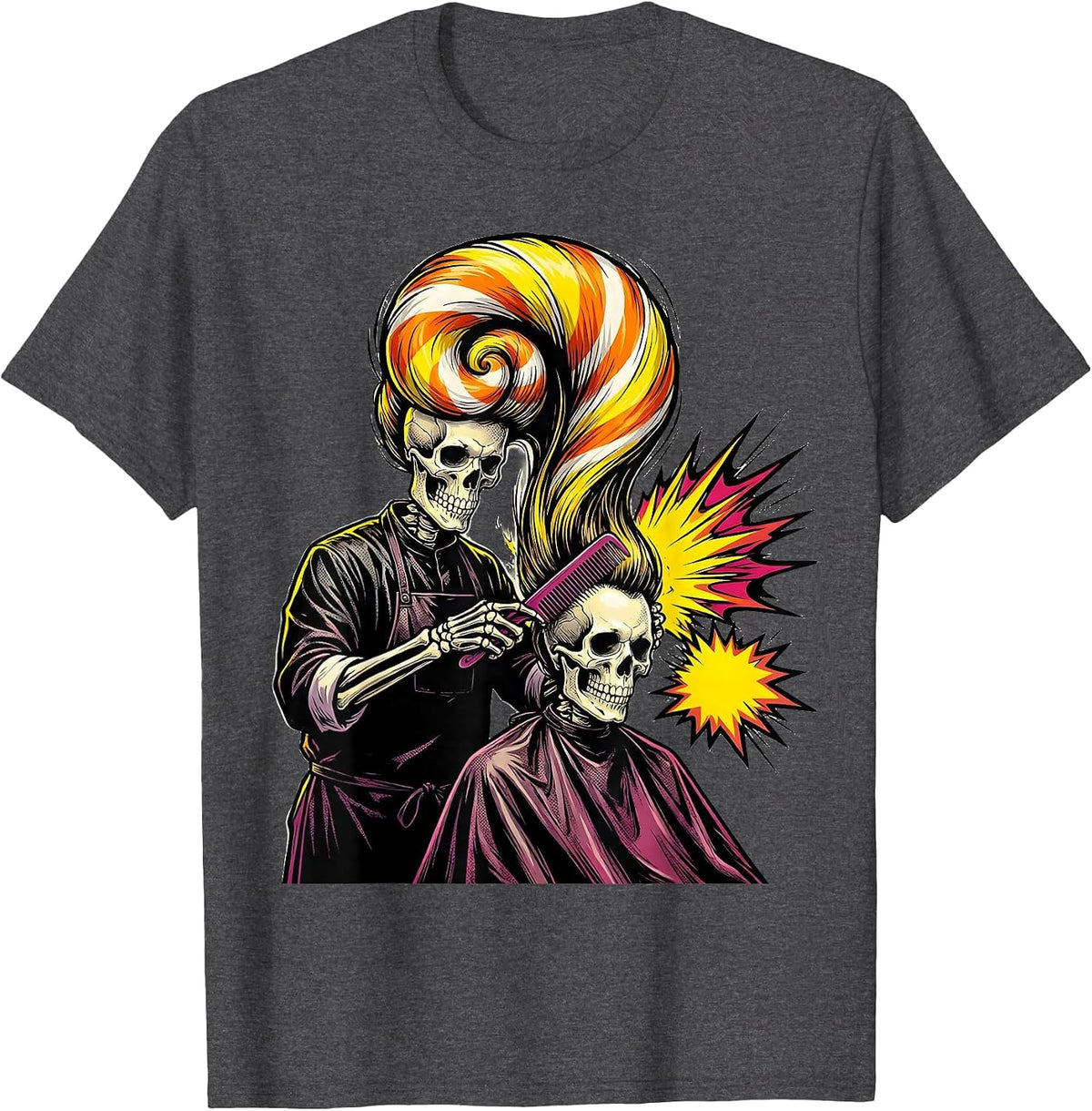 Men's Skeleton Stylist Combing Ghost Pop Art Halloween Hairdresser T-Shirt - Dark Heather Grey