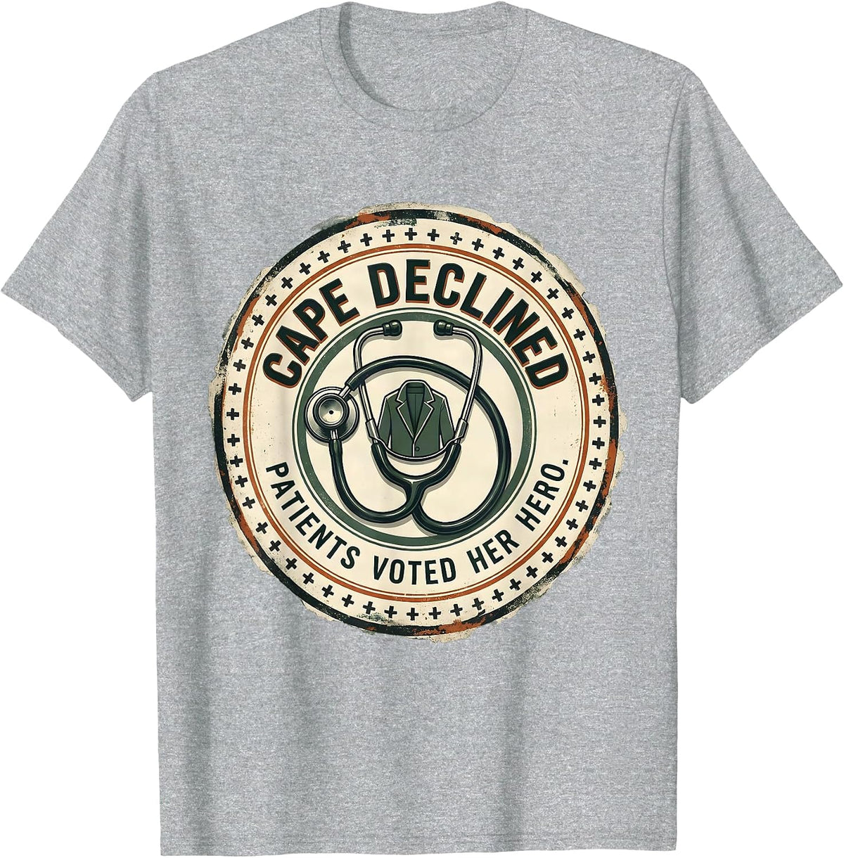 Men's Cape Declined, Patients Voted Her Hero Vintage Nurse Tribute T-Shirt - Heather Grey