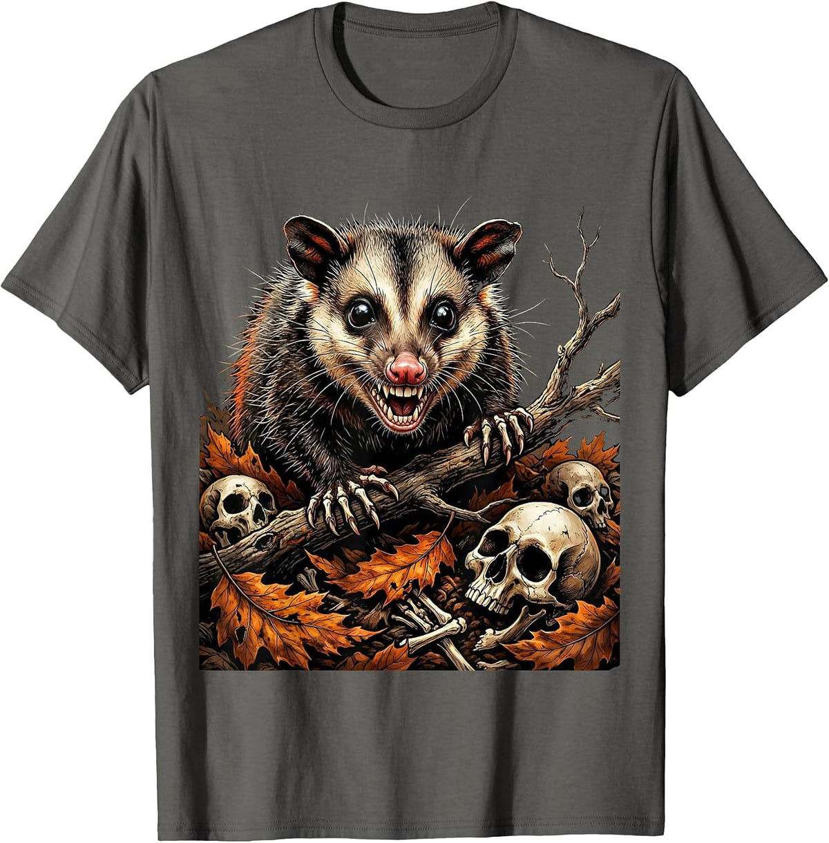 Opossum in Autumn Leaves Fall Nature Design T-Shirt - Asphalt Grey