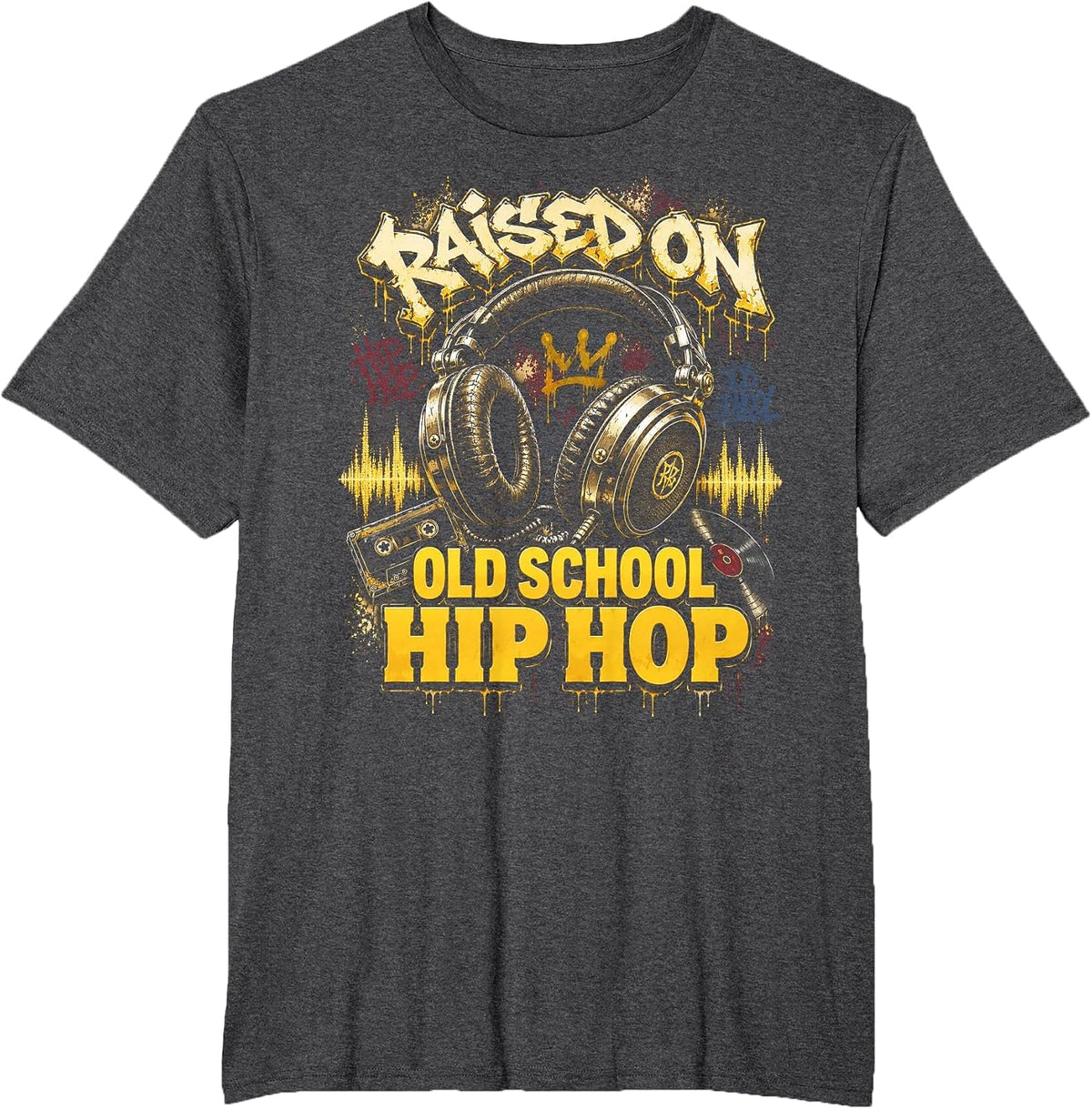 Raised On Old School Hip Hop Cassette Graffiti Rap T-Shirt, Men's Big and Tall, Dark Heather Grey, 4X Tall - As Pictured