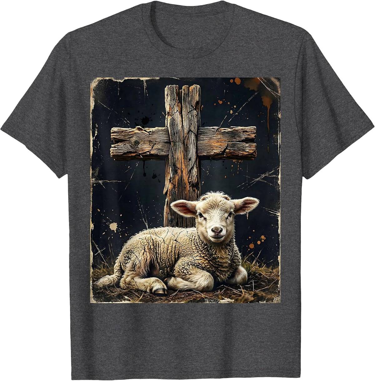 Lamb Resting Beneath the Cross Christian Design T-Shirt - Dark Heather Grey
