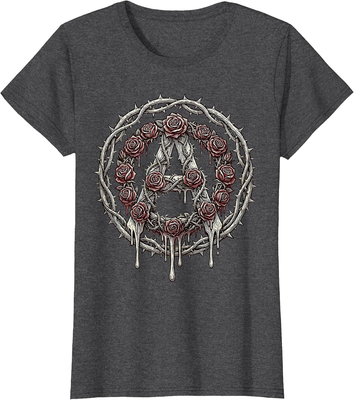 Women's Dripping Rose Anarchy Symbol Punk Art Design T-Shirt - Dark Heather Grey