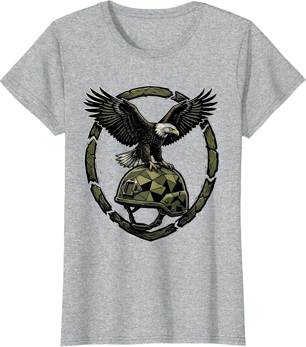 Eagle on Camo Helmet Patriotic Graphic T-Shirt - Heather Grey