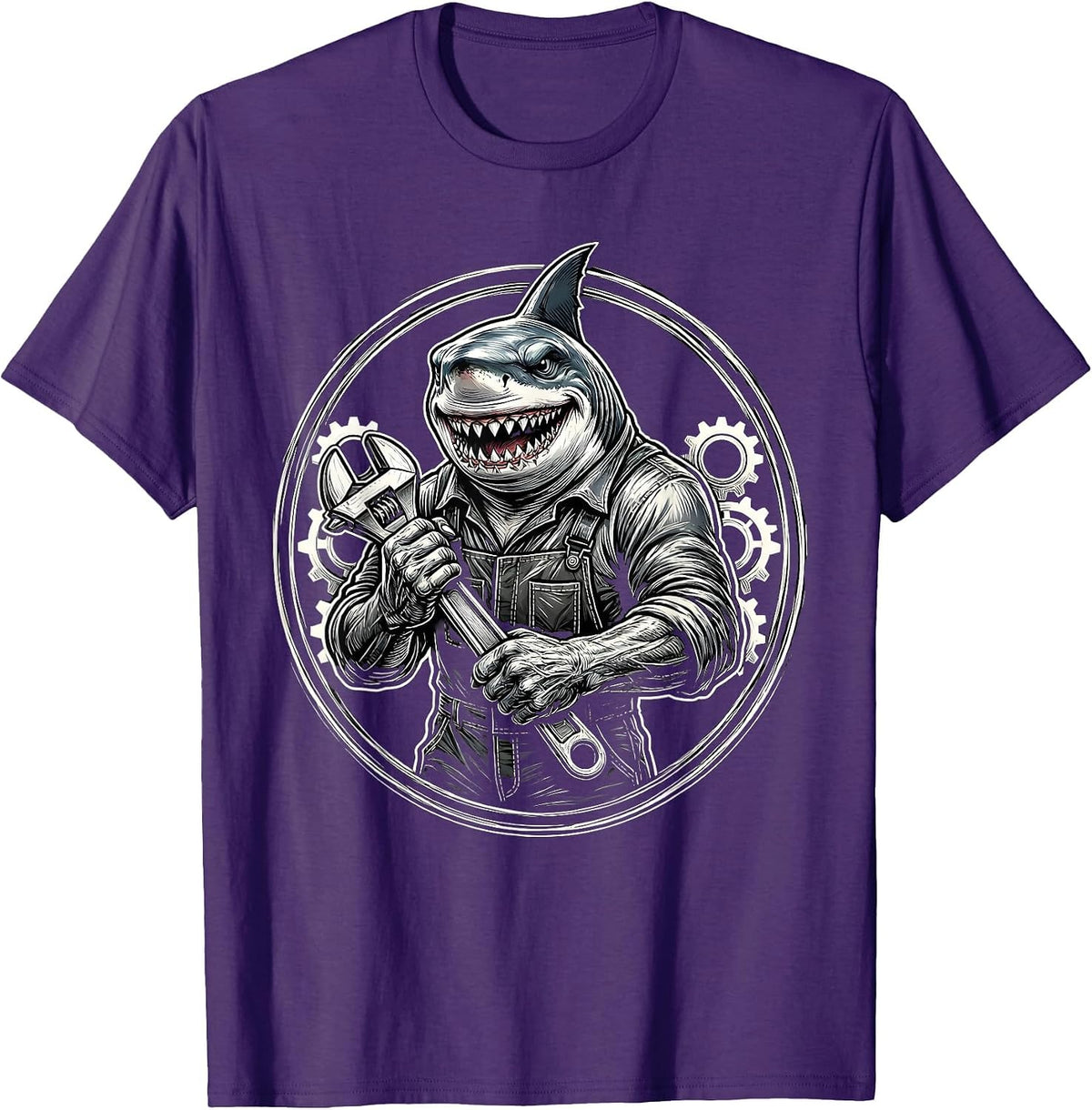 Mechanic Shark Holding Wrench Funny Ocean Art T-Shirt - Purple