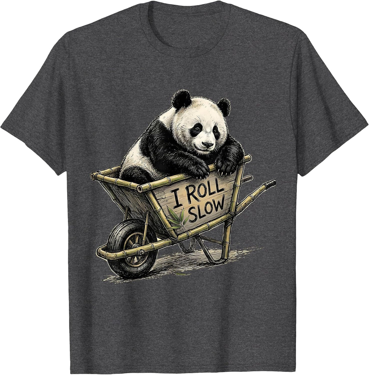 Men's I Roll Slow Hand-Sketched Panda Lover Cute Humor T-Shirt - Dark Heather Grey
