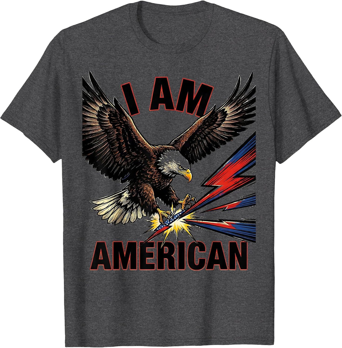 I Am American Comic Book Patriotic Eagle Flag Design T-Shirt - Dark Heather Grey