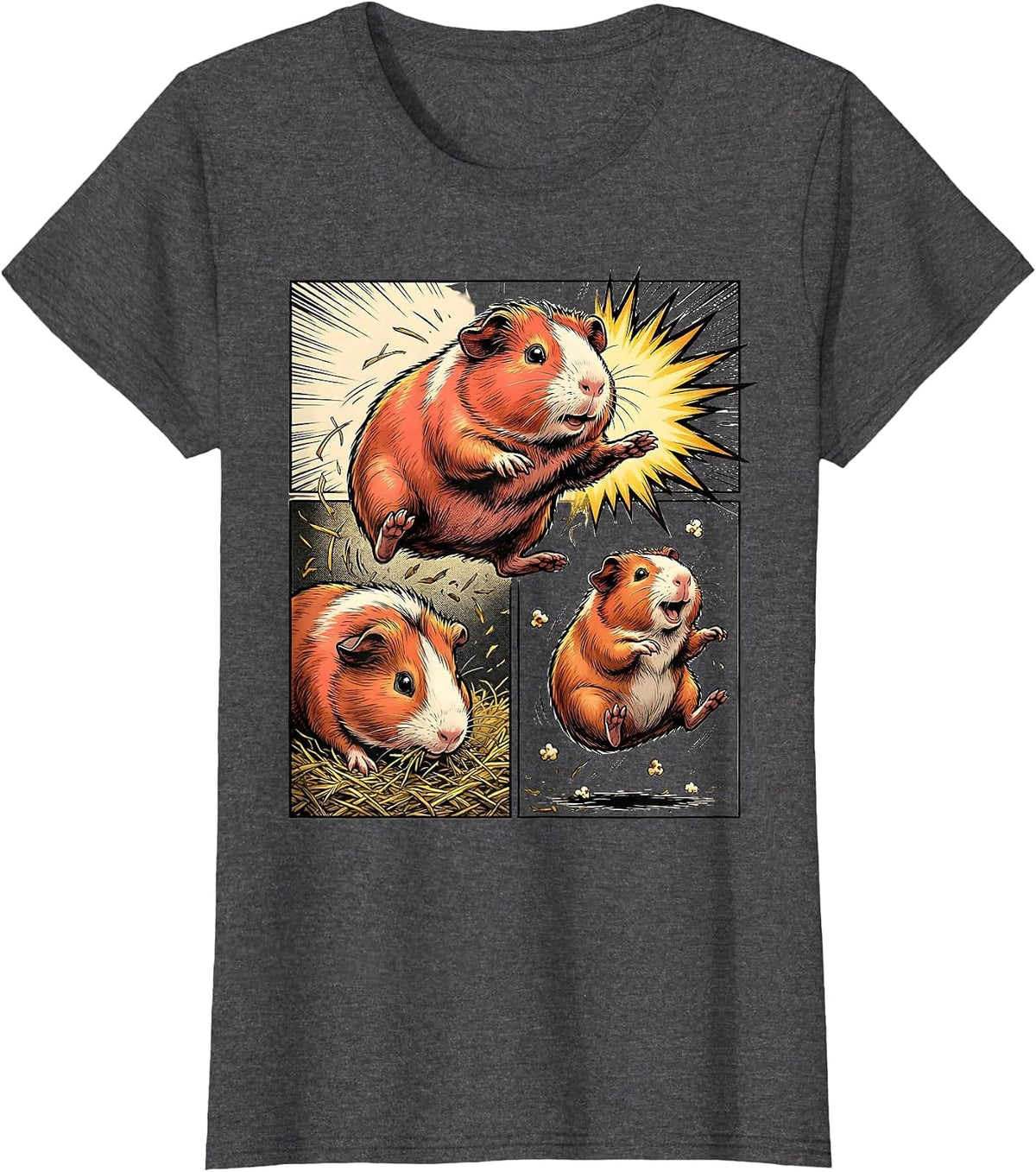 Women's Guinea Pig Comic Book Hero Leap Cavy Lover Humor T-Shirt - Dark Heather Grey