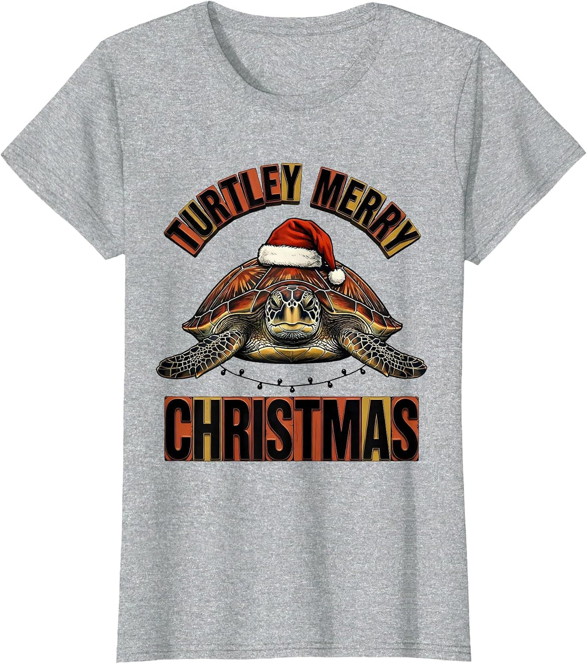 Women's Turtley Merry Christmas Wood Type Letterpress Sea Turtle T-Shirt - Heather Grey