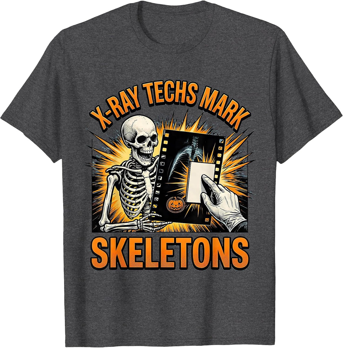 X-Ray Techs Mark Skeletons Comic Book Radiology Halloween T-Shirt - Dark Heather Grey