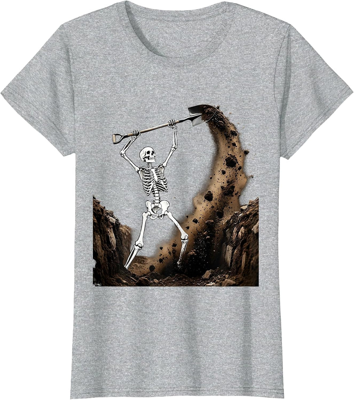 Skeleton Grave Digger Underground Halloween Graphic T-Shirt - Heather Grey
