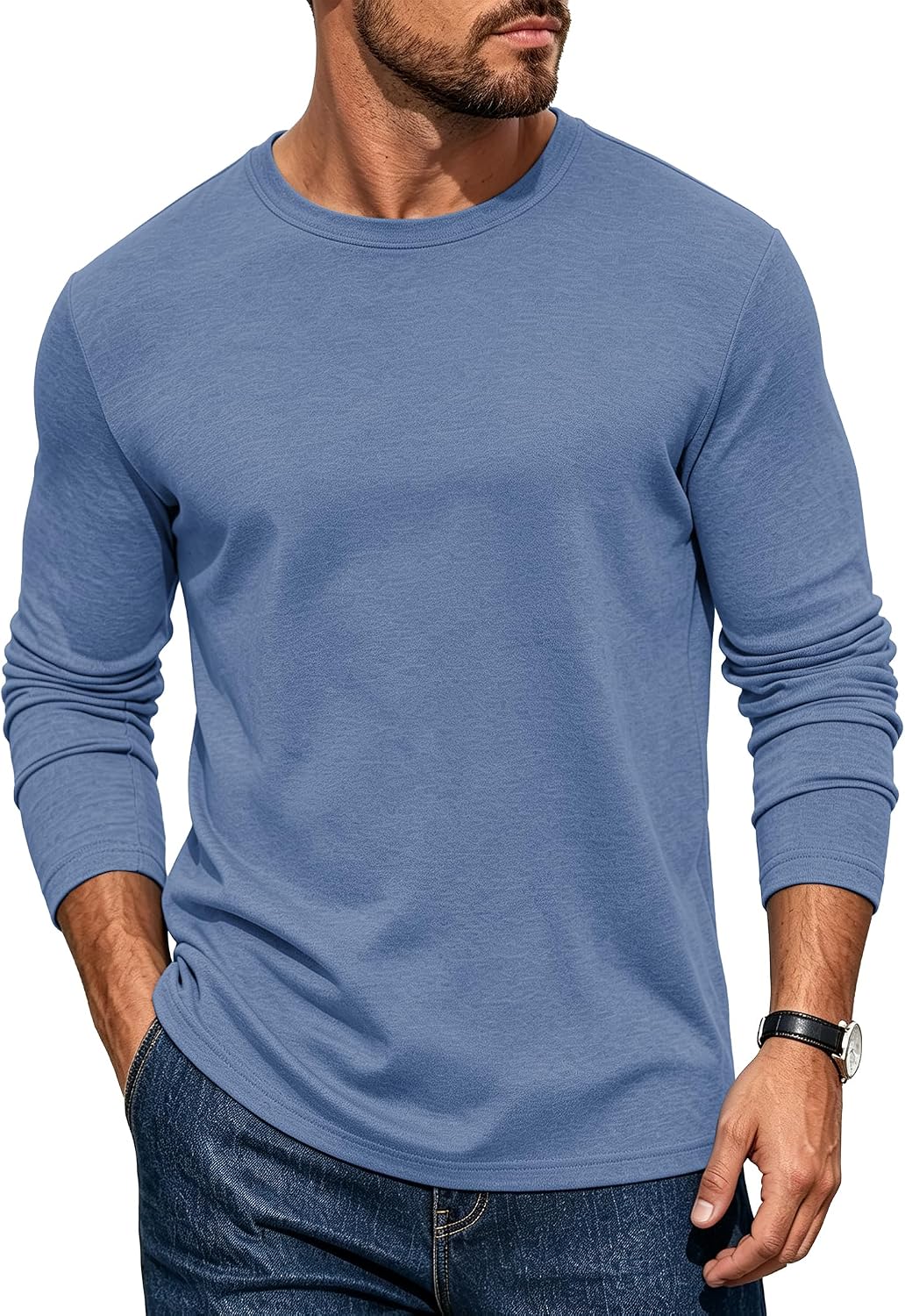 Mens Long Sleeve Tee Shirts Crew Neck Casual Regular Fit Plain - 08 Light Blue