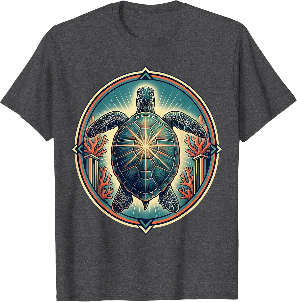 Costa Rica Sea Turtle Coral Reef Illustration T-Shirt - Dark Heather Grey