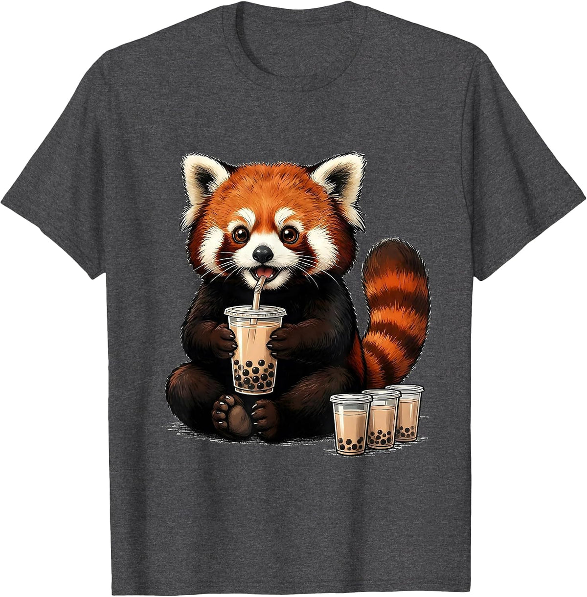 Red Panda Kawaii Bubble Tea Lover Cute Anime T-Shirt - Dark Heather Grey