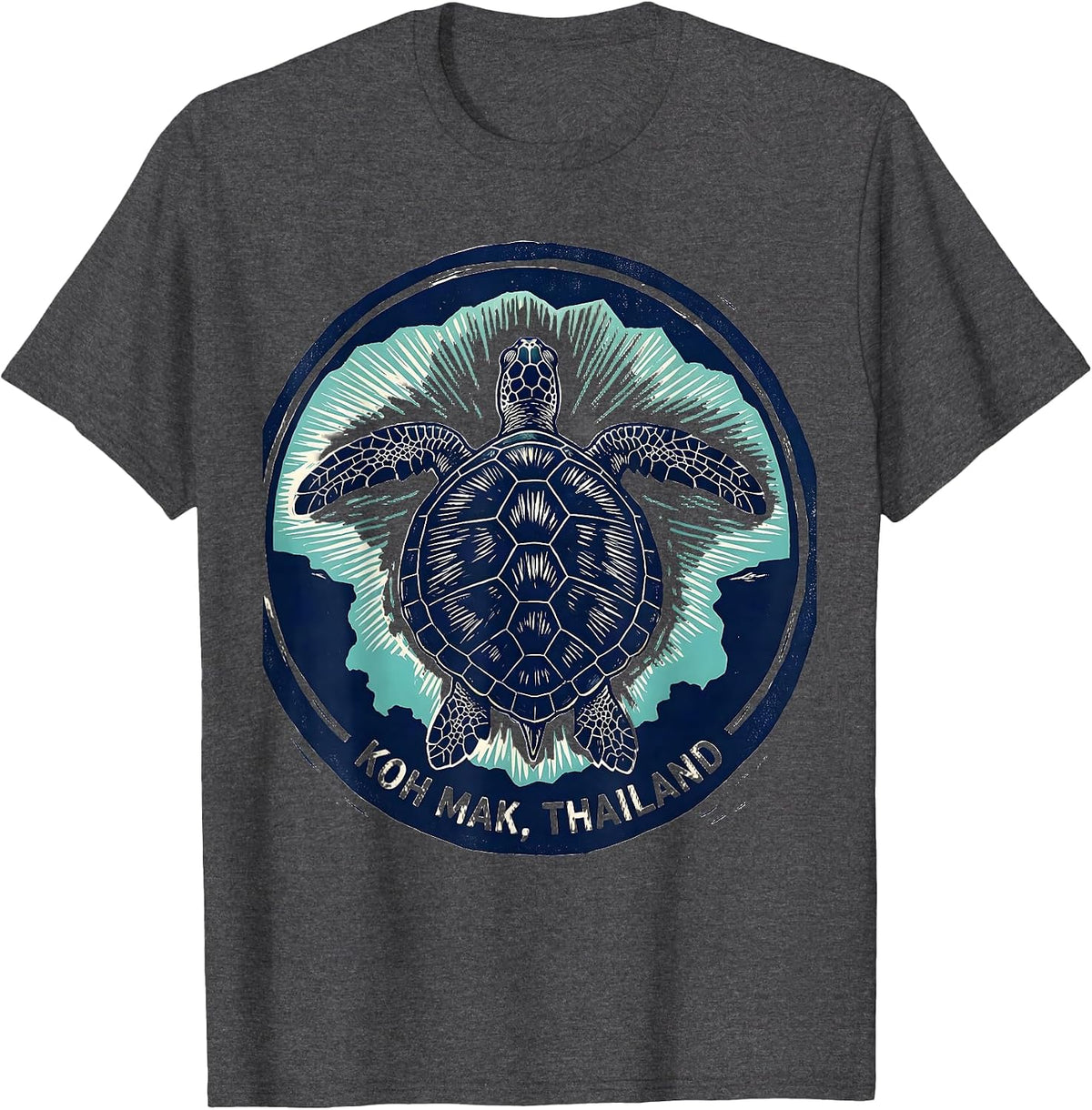 Koh Mak Thailand Linocut Sea Turtle Beach Souvenir T-Shirt - Dark Heather Grey