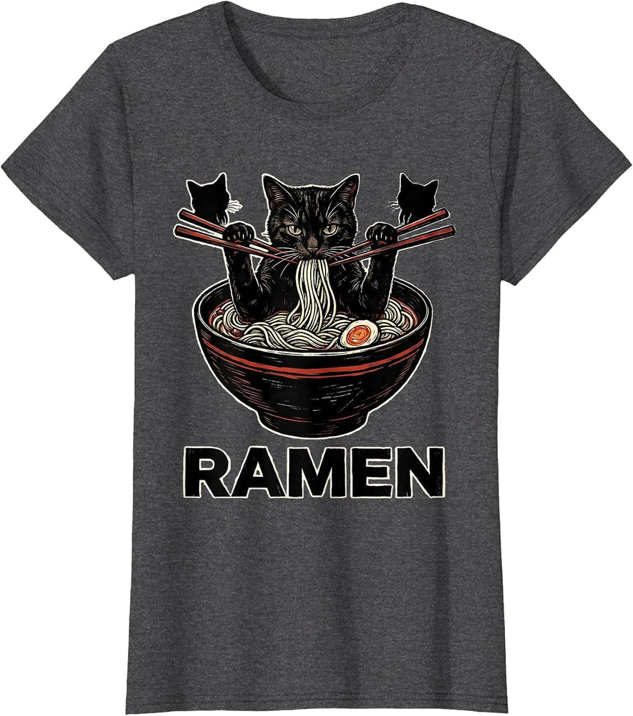 Women's Ramen Cute Cat Eating Ramen Kawaii Anime Animal Humor T-Shirt - Dark Heather Grey