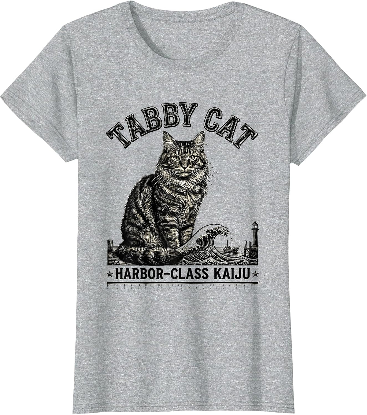 Tabby Cat Harbor-Class Kaiju Funny Japanese Monster Art T-Shirt - Heather Grey