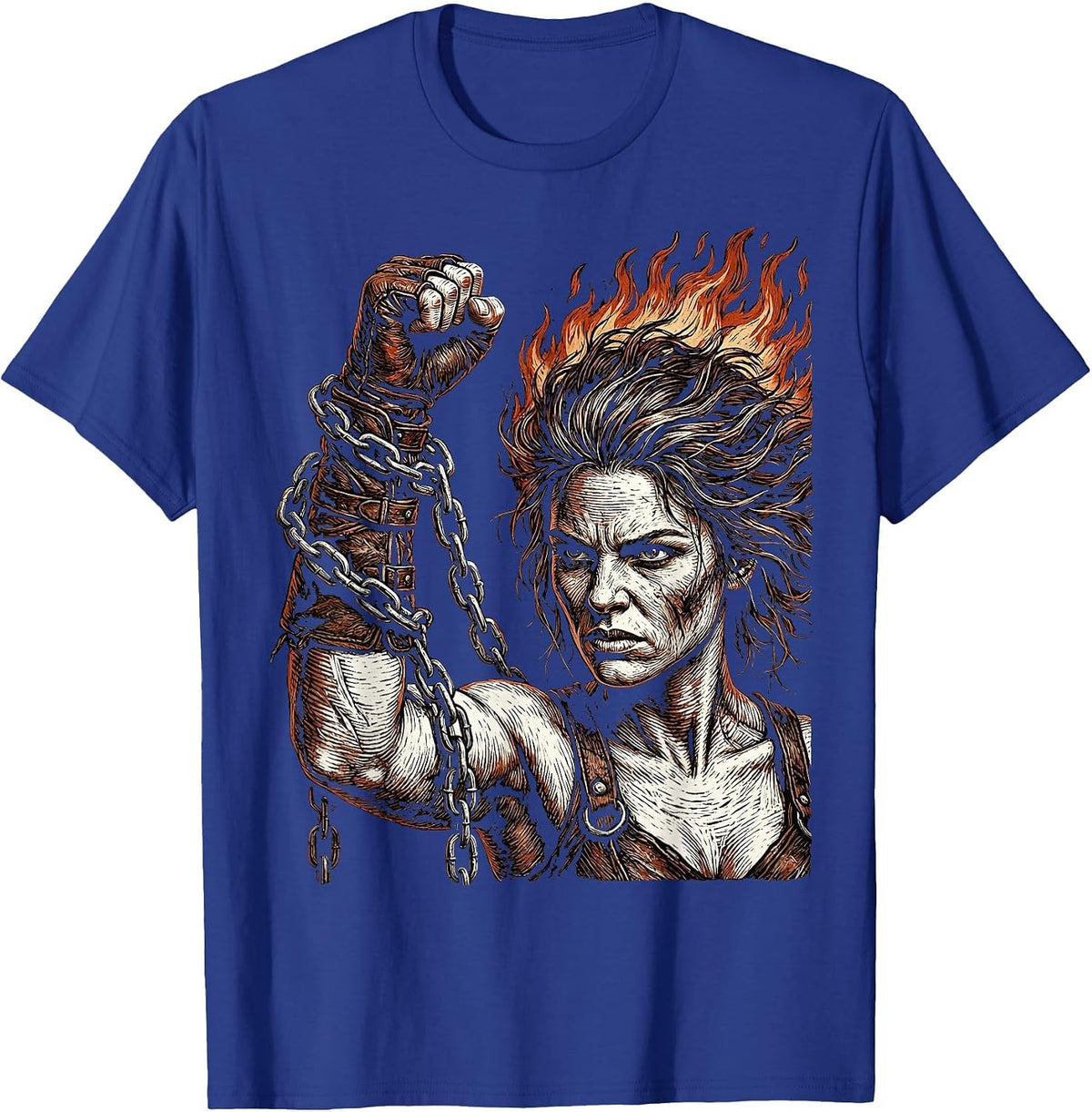 Rock Rebel Raised Fist Chains Leather Gauntlets T-Shirt - Royal Blue