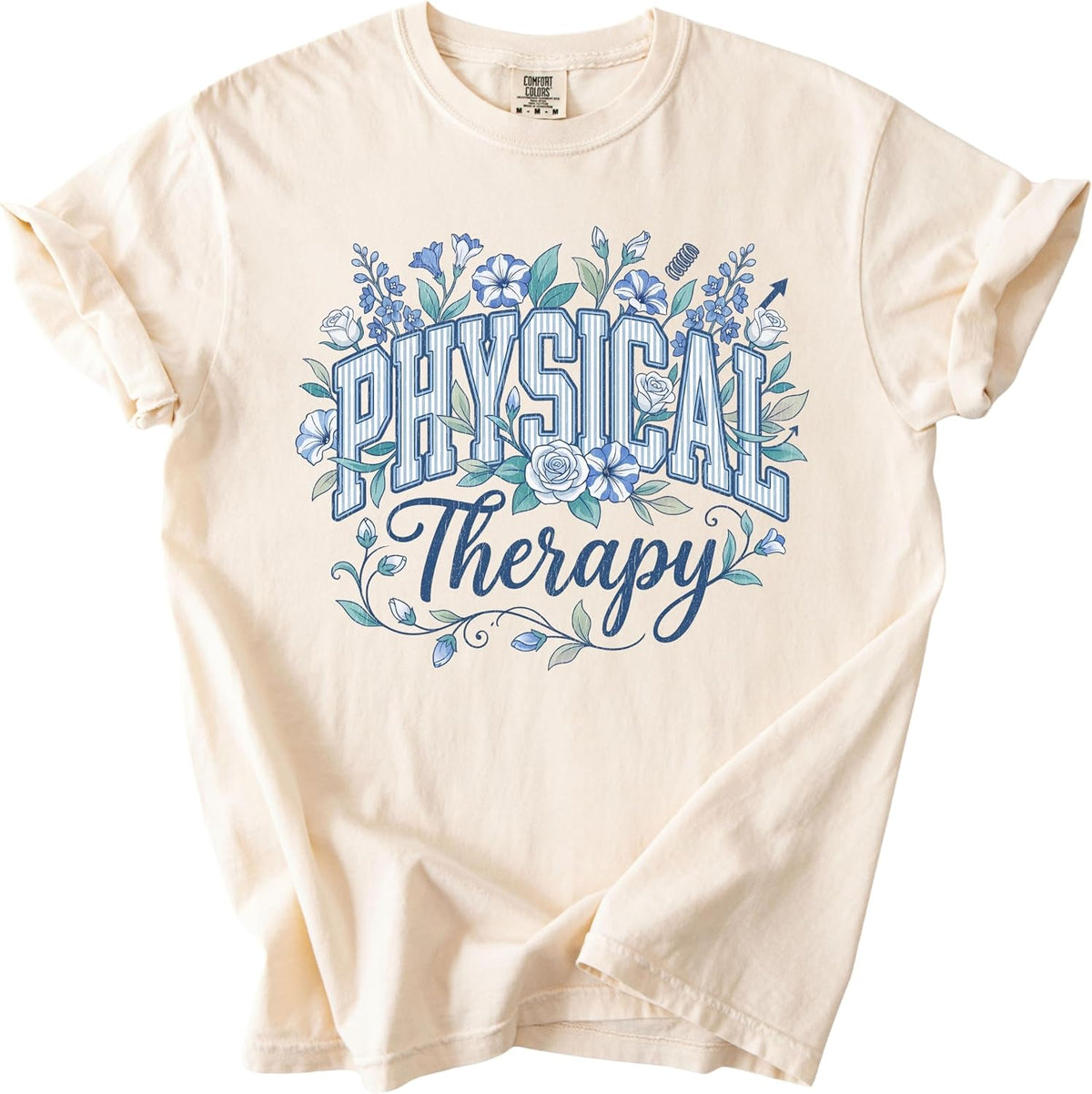 Floral Physical Therapy T-Shirt, Blue Botanical PT Graphic Tee - Ivory