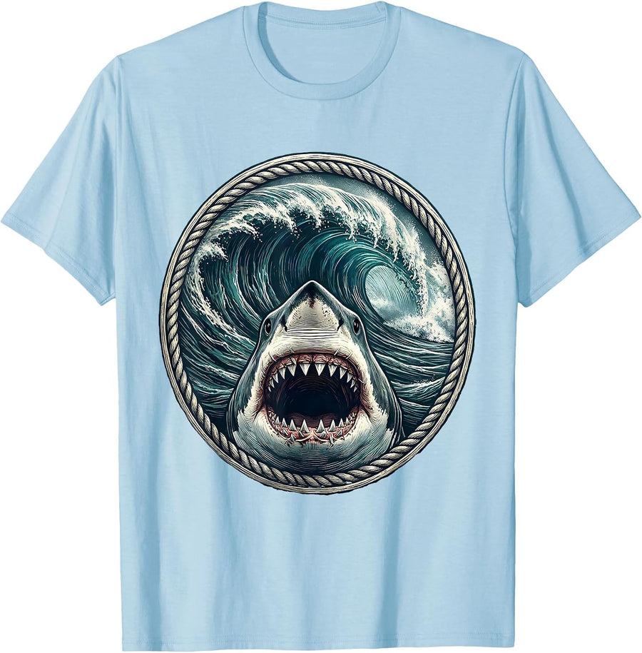 Men's Great White Shark Crashing Wave Hawaiian Graphic T-Shirt - Baby Blue