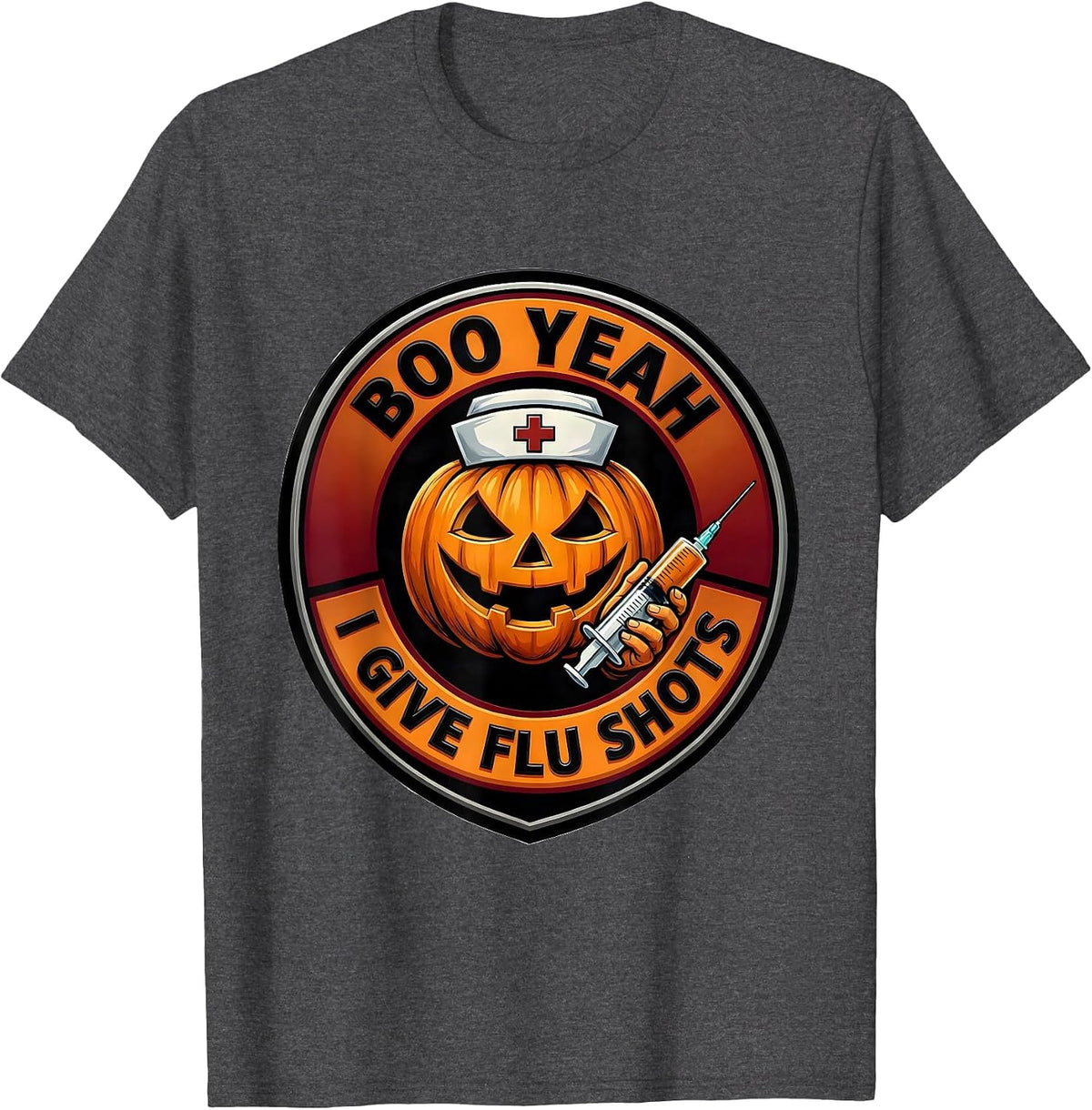 Men's Boo Yeah I Give Flu Shots Funny Nurse Ghost Halloween T-Shirt - Dark Heather Grey