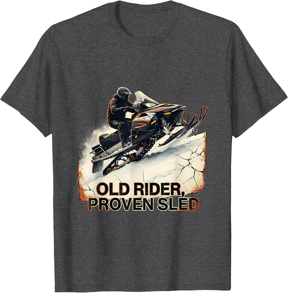 Men's Old Rider Proven Sled Distressed Snowmobile Rider Winter T-Shirt - Dark Heather Grey
