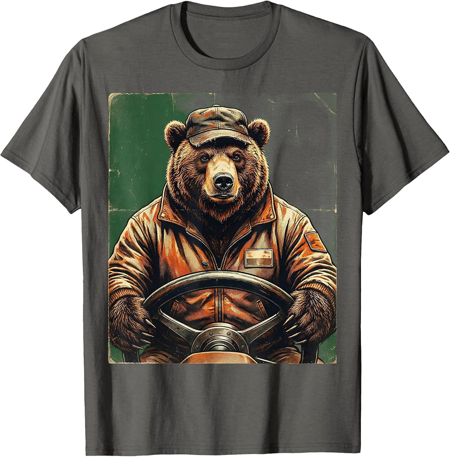 Bus Driver Bear in Uniform Behind the Wheel T-Shirt - Asphalt Grey