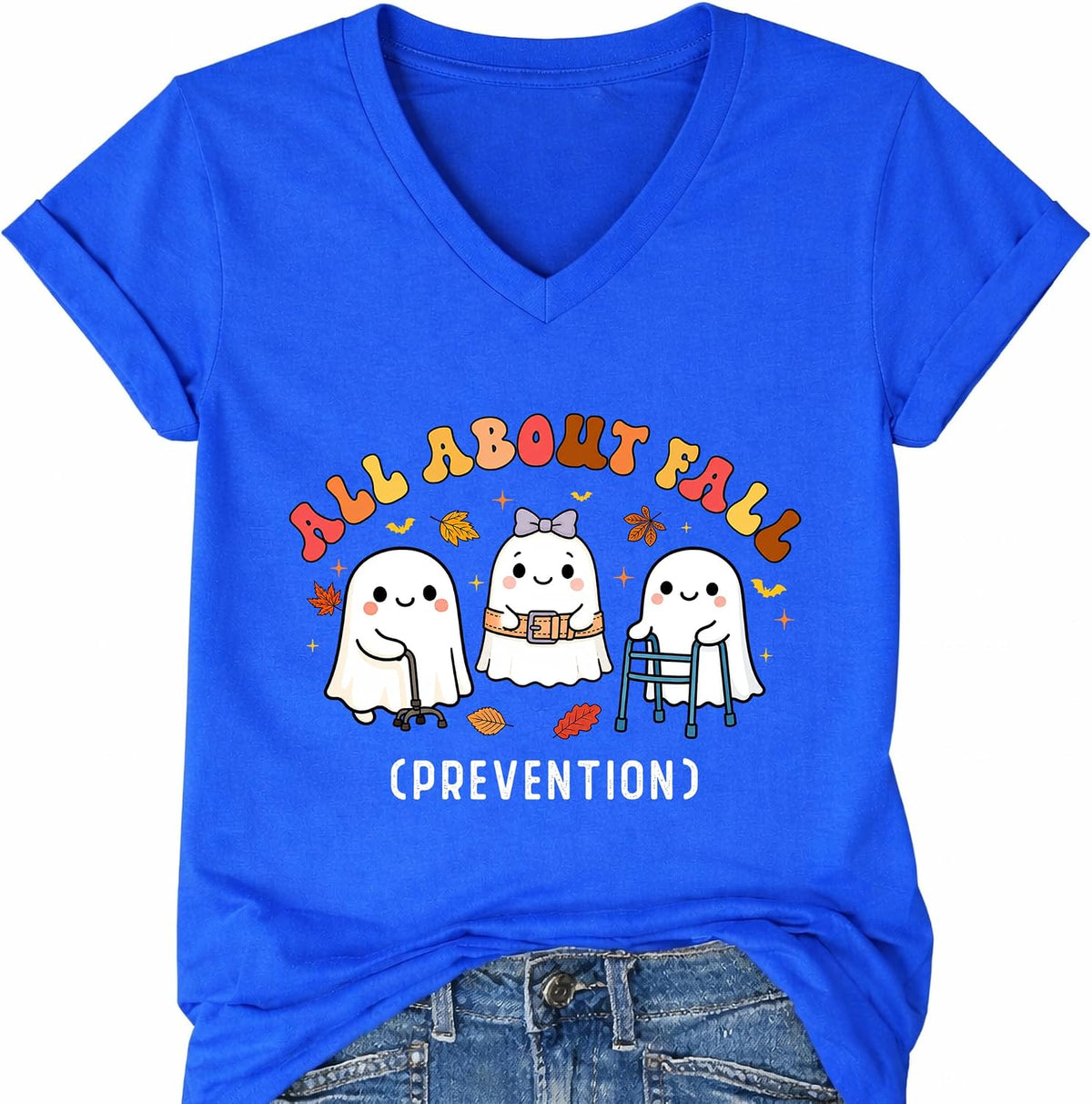 Nurse All About Fall Prevention Shirt Halloween Ghost Graphic T-Shirts - Royal Blue V-neck